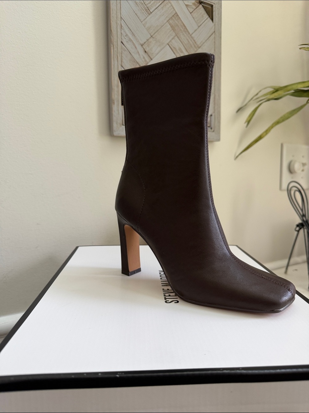 Steve Madden Dark Brown Leather Mid-Calf Block Heel Boot